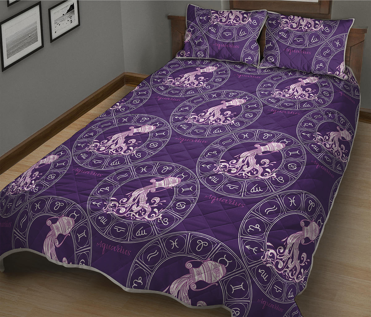 Purple Aquarius Zodiac Pattern Print Quilt Bed Set