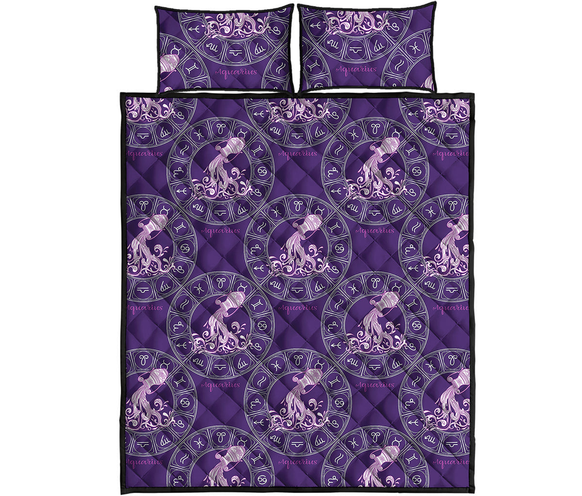 Purple Aquarius Zodiac Pattern Print Quilt Bed Set