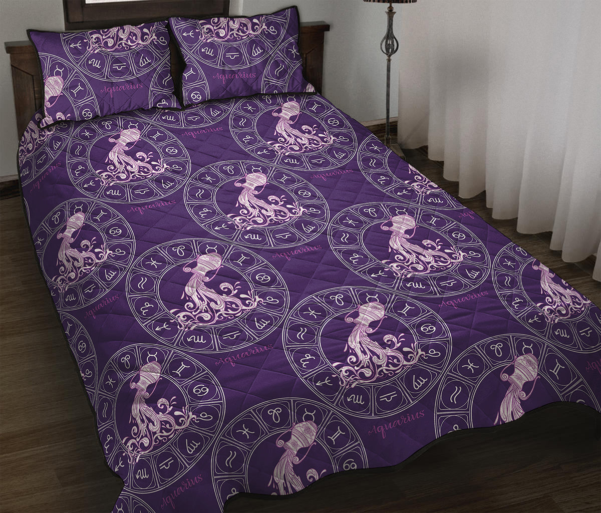 Purple Aquarius Zodiac Pattern Print Quilt Bed Set
