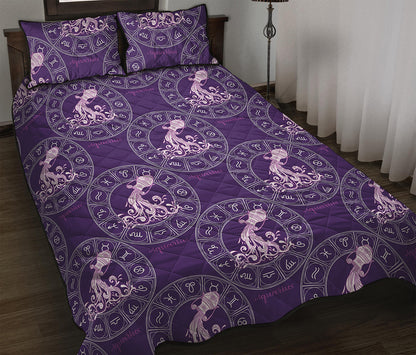 Purple Aquarius Zodiac Pattern Print Quilt Bed Set