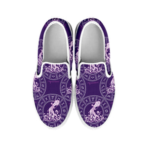 Purple Aquarius Zodiac Pattern Print White Slip On Shoes