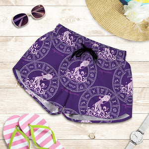 Purple Aquarius Zodiac Pattern Print Women's Shorts