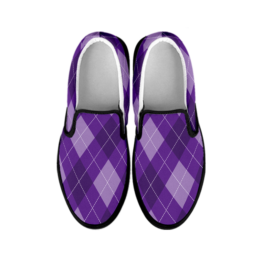 Purple Argyle Pattern Print Black Slip On Shoes