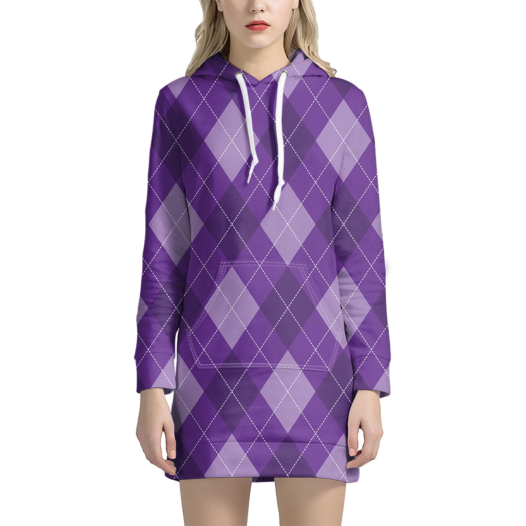 Purple Argyle Pattern Print Hoodie Dress