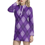 Purple Argyle Pattern Print Hoodie Dress