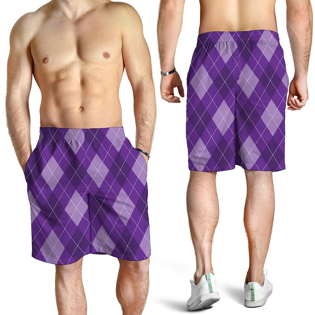 Purple Argyle Pattern Print Men's Shorts