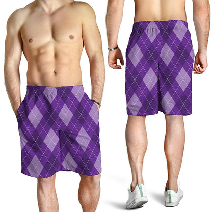 Purple Argyle Pattern Print Men's Shorts