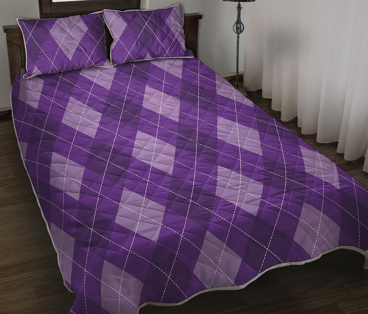 Purple Argyle Pattern Print Quilt Bed Set