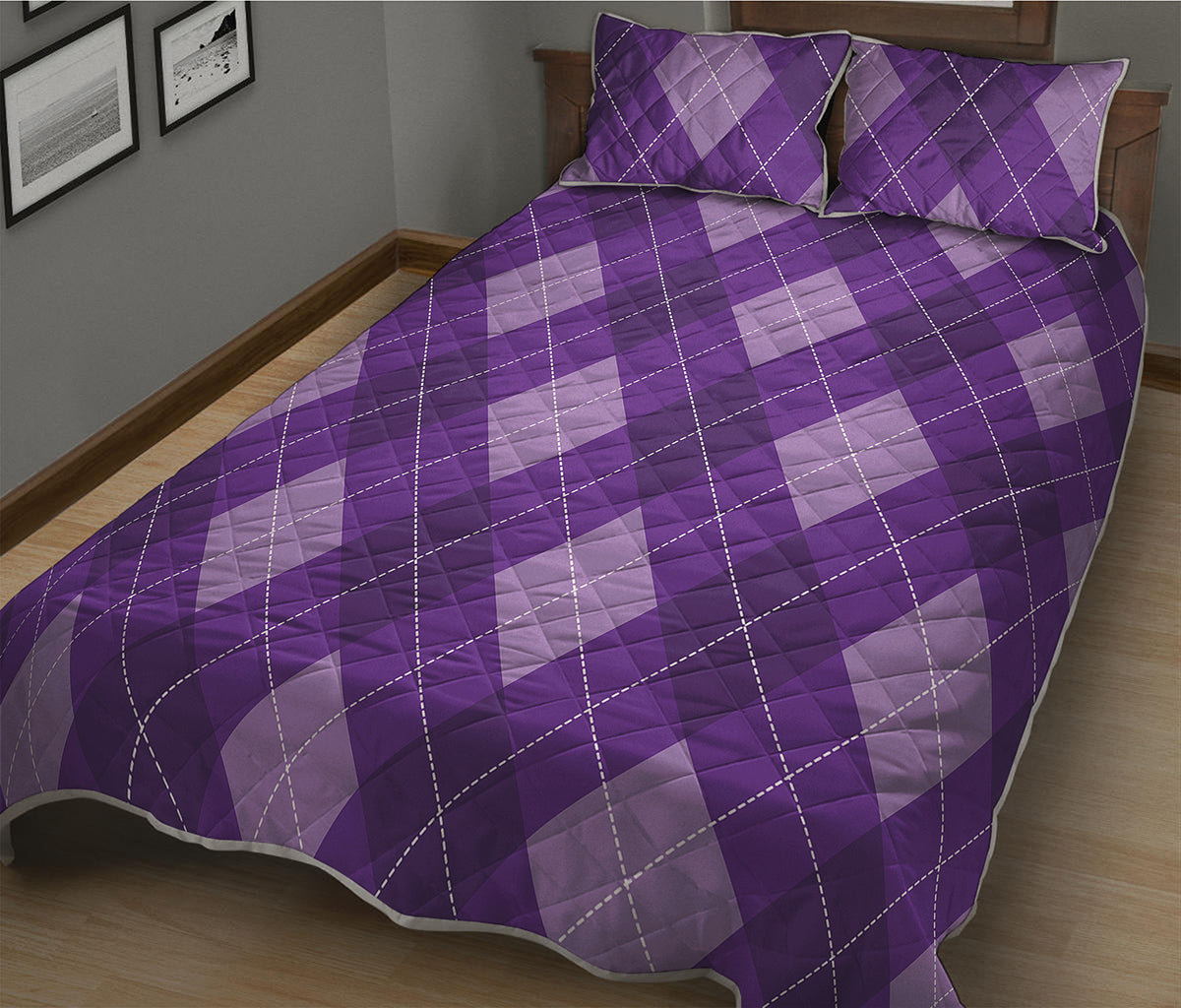 Purple Argyle Pattern Print Quilt Bed Set