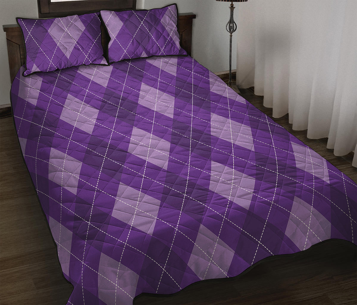 Purple Argyle Pattern Print Quilt Bed Set