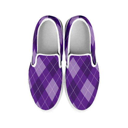 Purple Argyle Pattern Print White Slip On Shoes