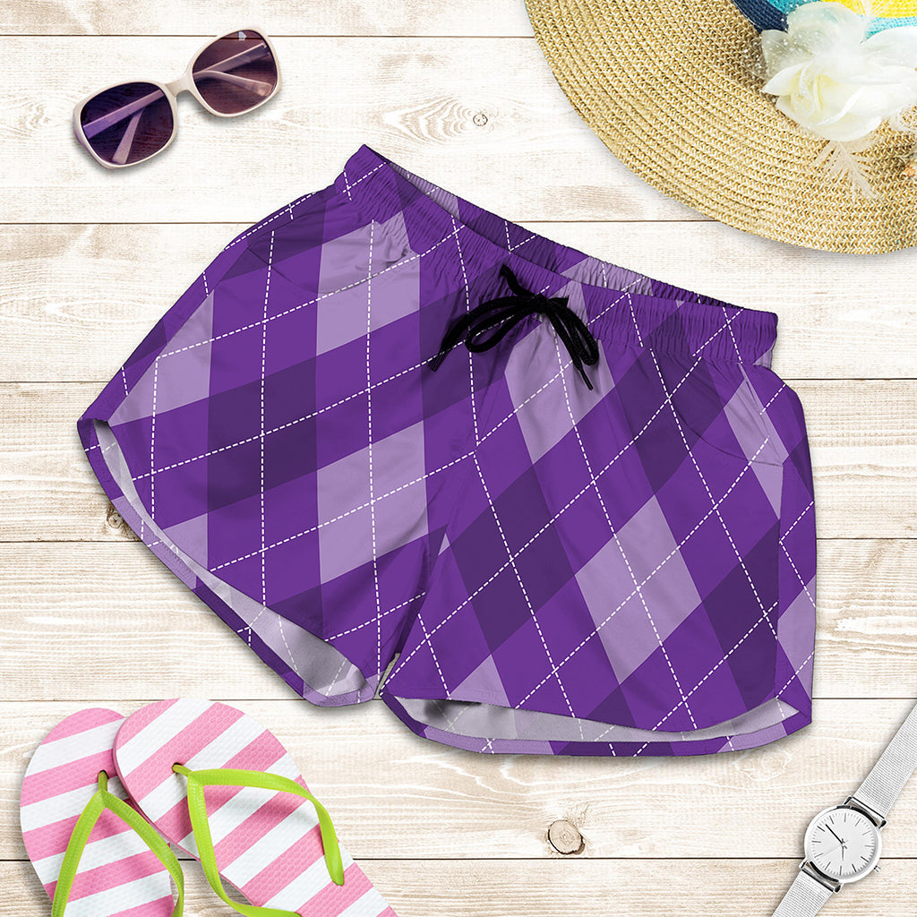 Purple Argyle Pattern Print Women's Shorts