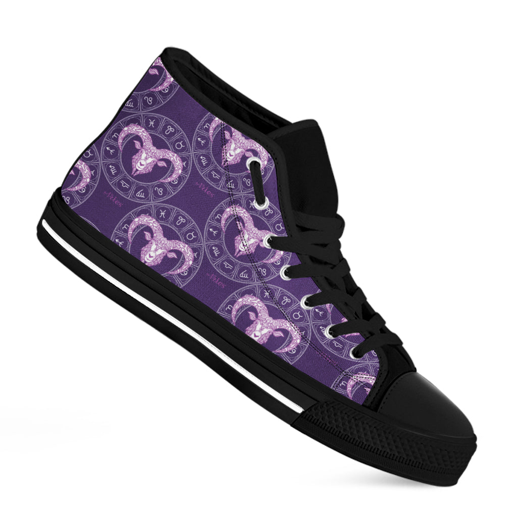 Purple Aries Zodiac Pattern Print Black High Top Shoes