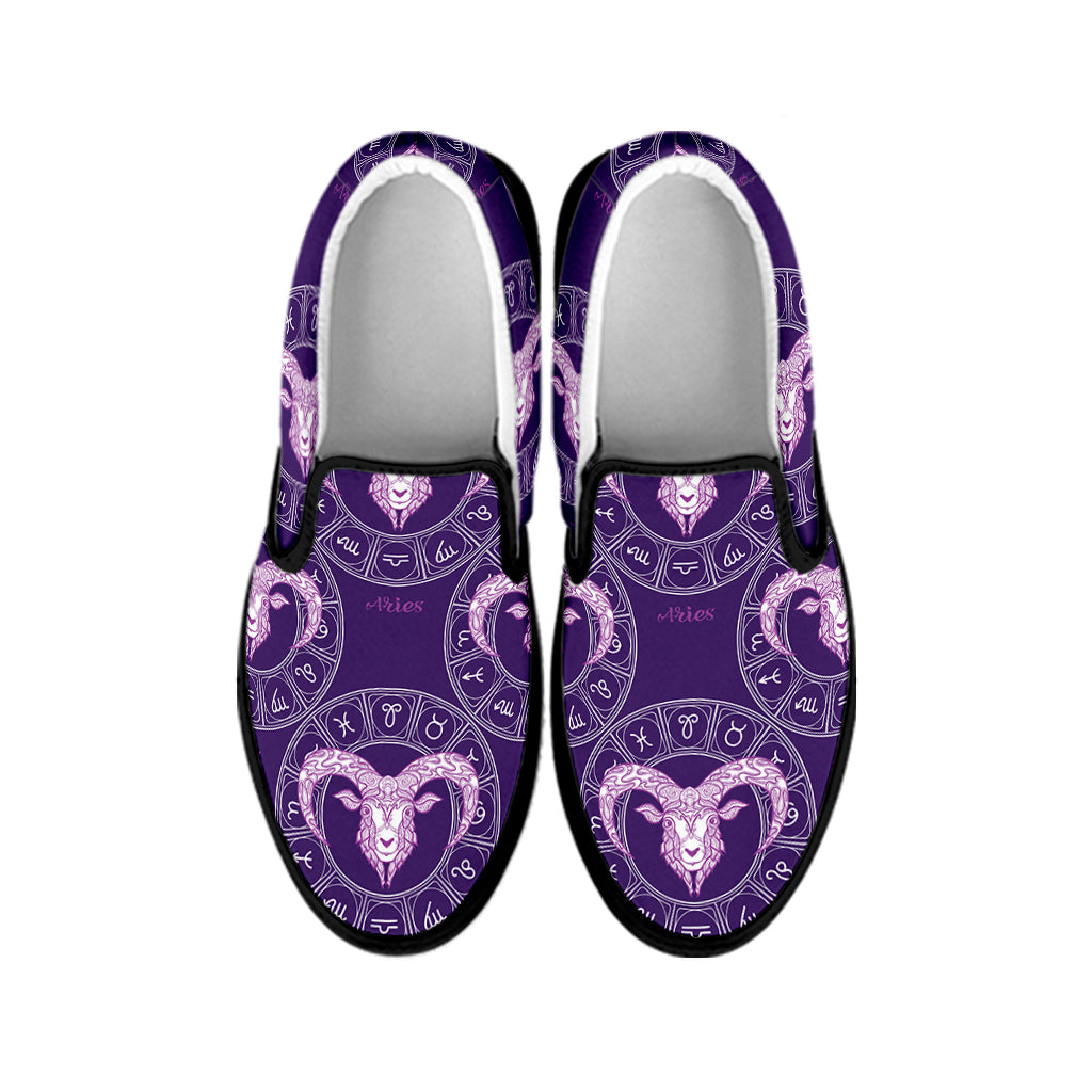 Purple Aries Zodiac Pattern Print Black Slip On Shoes