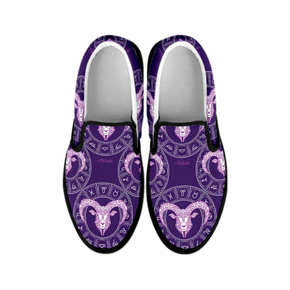 Purple Aries Zodiac Pattern Print Black Slip On Shoes