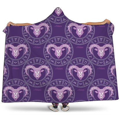Purple Aries Zodiac Pattern Print Hooded Blanket