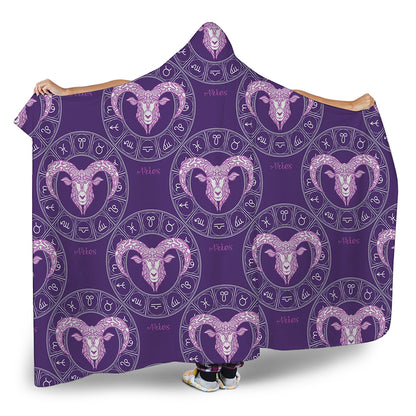 Purple Aries Zodiac Pattern Print Hooded Blanket