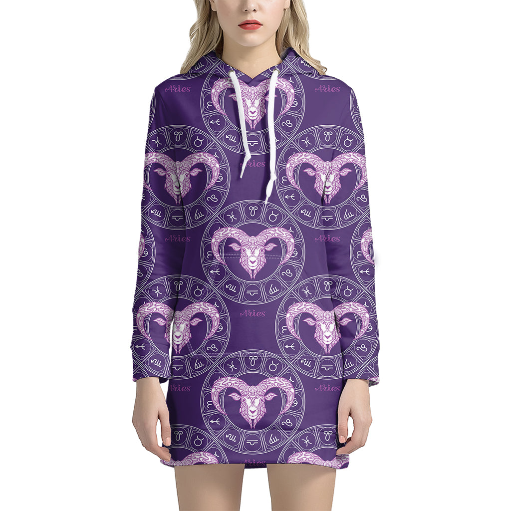 Purple Aries Zodiac Pattern Print Hoodie Dress