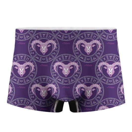 Purple Aries Zodiac Pattern Print Men's Boxer Briefs