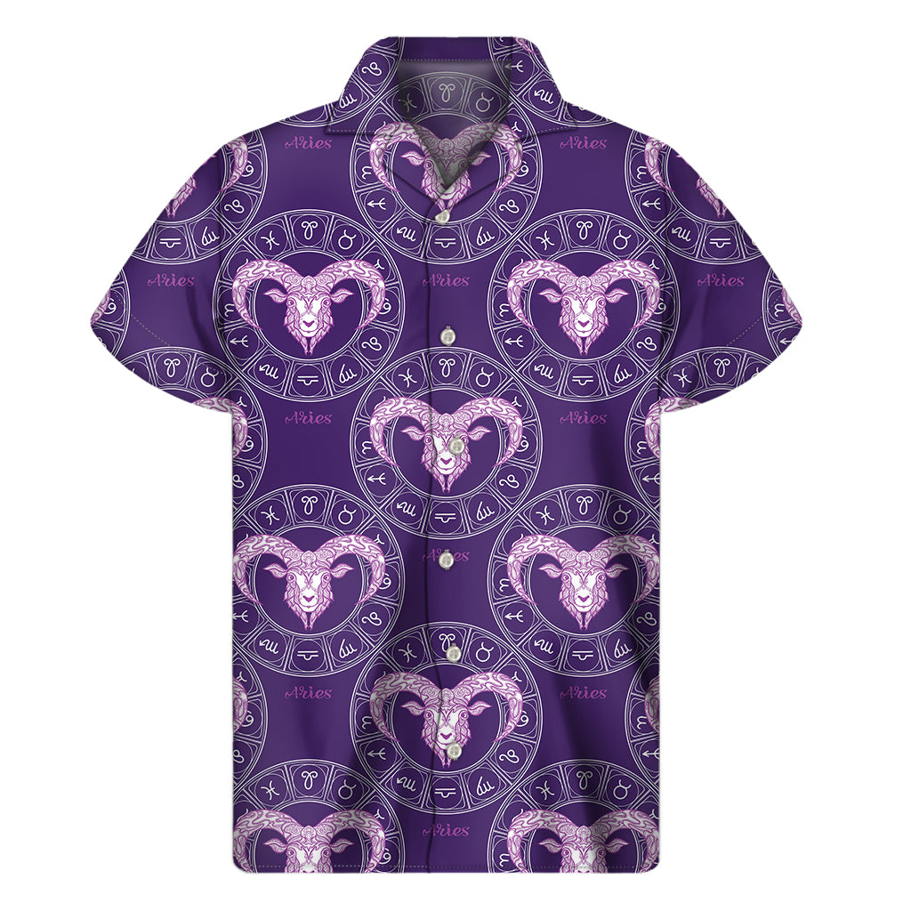 Purple Aries Zodiac Pattern Print Men's Short Sleeve Shirt