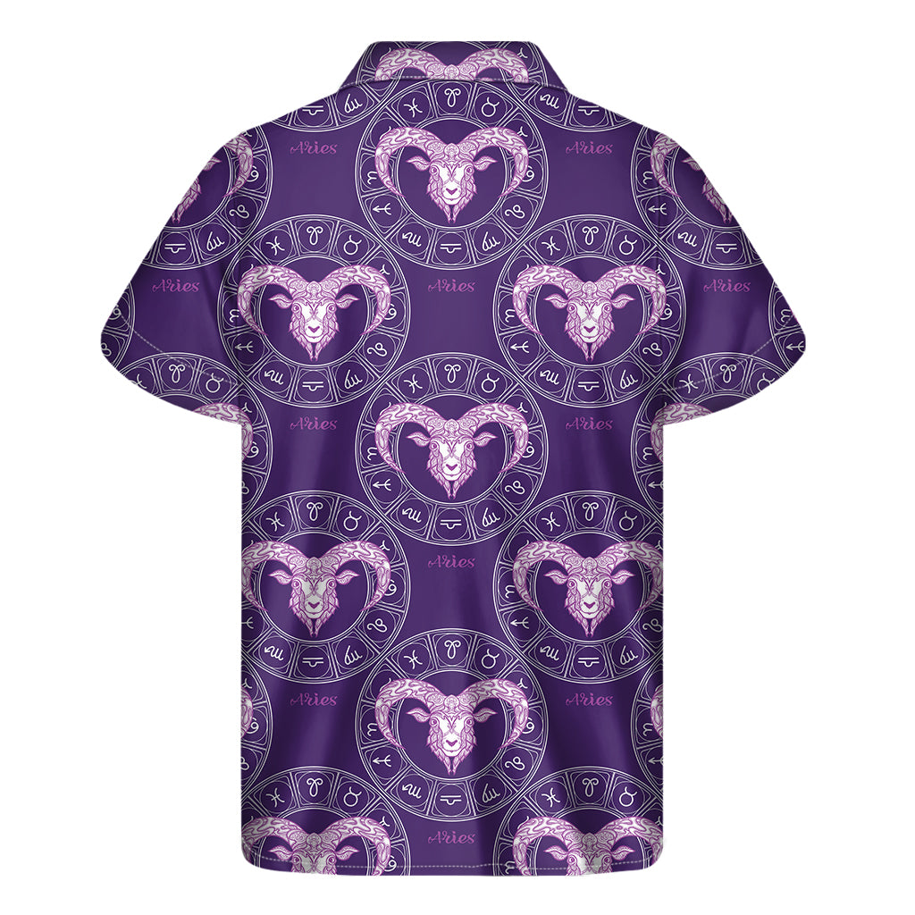 Purple Aries Zodiac Pattern Print Men's Short Sleeve Shirt