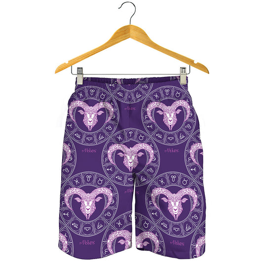 Purple Aries Zodiac Pattern Print Men's Shorts