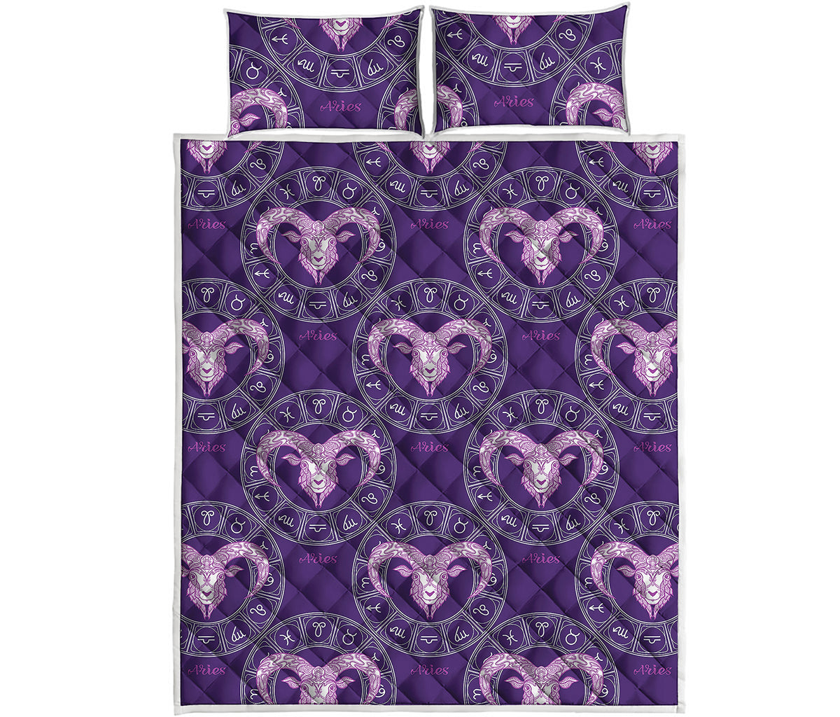 Purple Aries Zodiac Pattern Print Quilt Bed Set