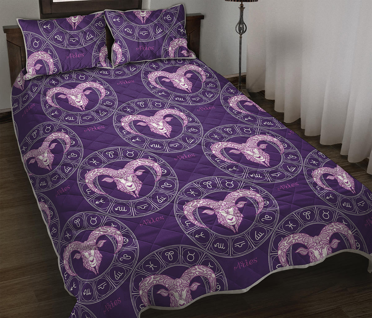 Purple Aries Zodiac Pattern Print Quilt Bed Set