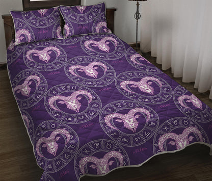 Purple Aries Zodiac Pattern Print Quilt Bed Set