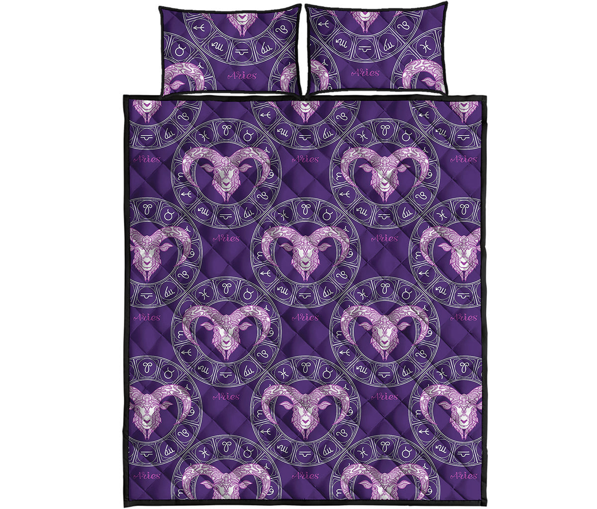 Purple Aries Zodiac Pattern Print Quilt Bed Set
