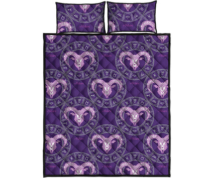 Purple Aries Zodiac Pattern Print Quilt Bed Set