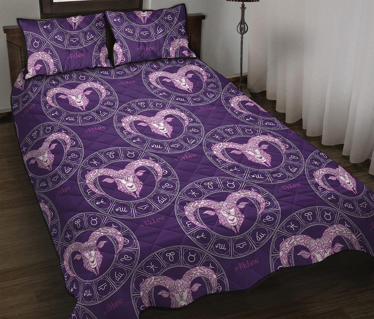 Purple Aries Zodiac Pattern Print Quilt Bed Set