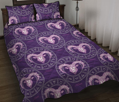 Purple Aries Zodiac Pattern Print Quilt Bed Set