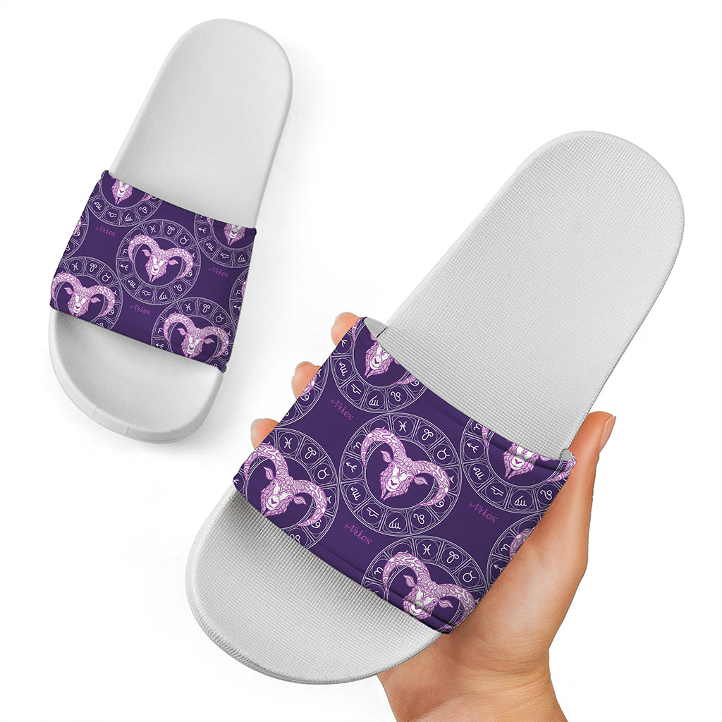 Purple Aries Zodiac Pattern Print White Slide Sandals
