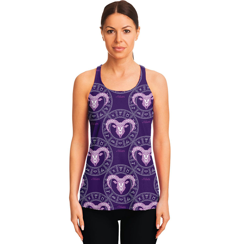 Purple Aries Zodiac Pattern Print Women's Racerback Tank Top