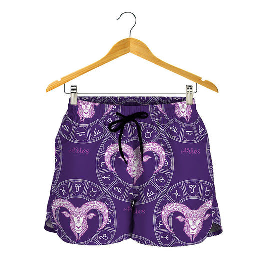 Purple Aries Zodiac Pattern Print Women's Shorts
