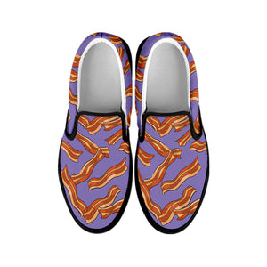 Purple Bacon Pattern Print Black Slip On Shoes
