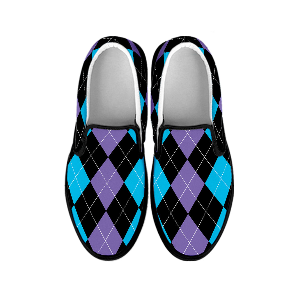 Purple Black And Blue Argyle Print Black Slip On Shoes