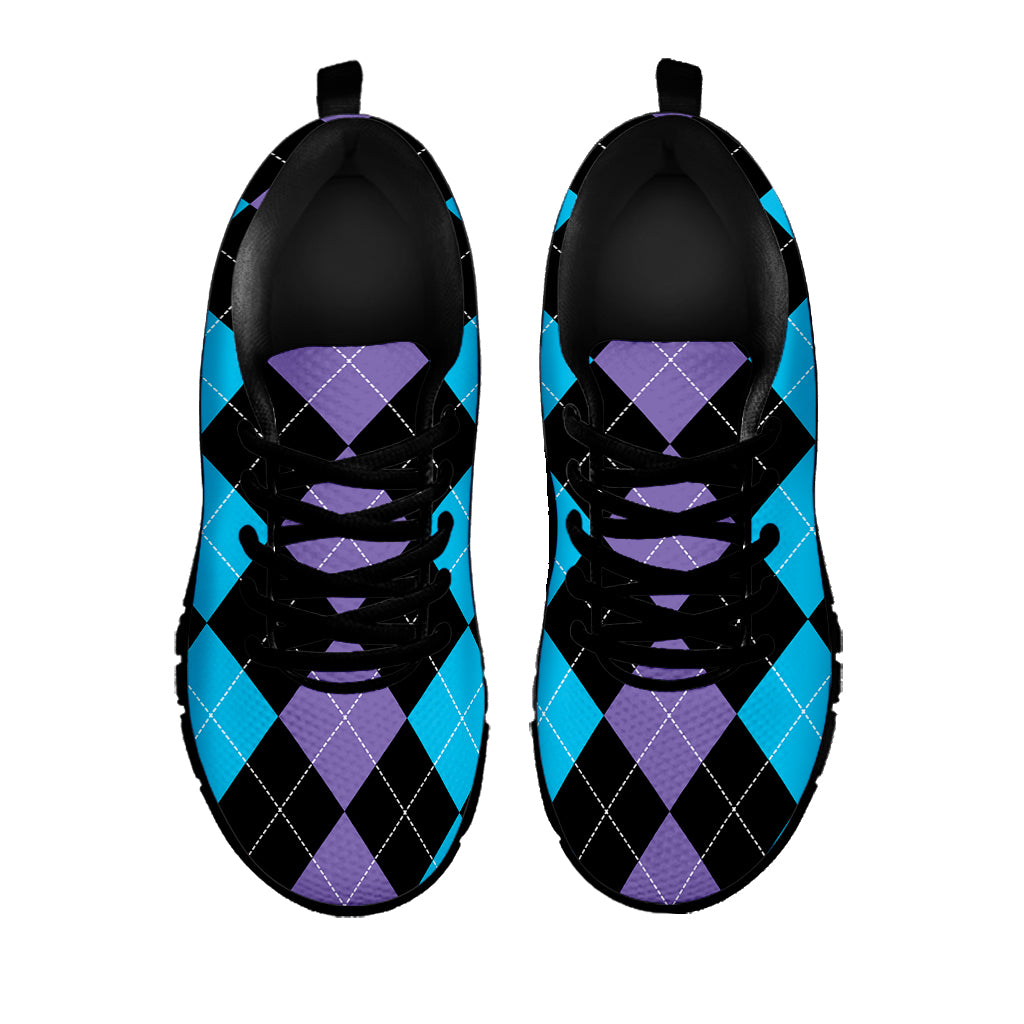 Purple Black And Blue Argyle Print Black Sneakers