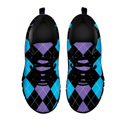 Purple Black And Blue Argyle Print Black Sneakers