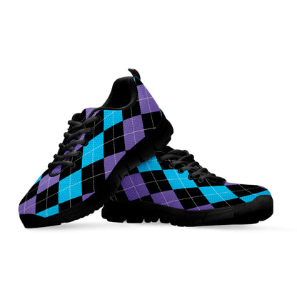 Purple Black And Blue Argyle Print Black Sneakers