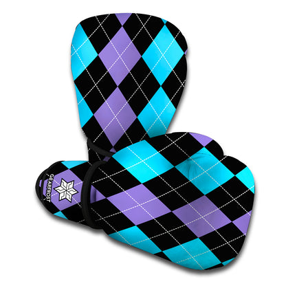 Purple Black And Blue Argyle Print Boxing Gloves
