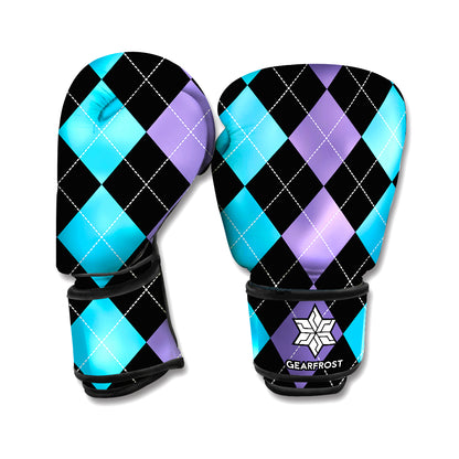 Purple Black And Blue Argyle Print Boxing Gloves