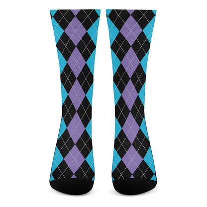 Purple Black And Blue Argyle Print Crew Socks