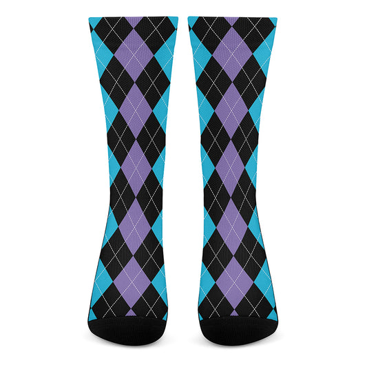 Purple Black And Blue Argyle Print Crew Socks