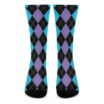 Purple Black And Blue Argyle Print Crew Socks