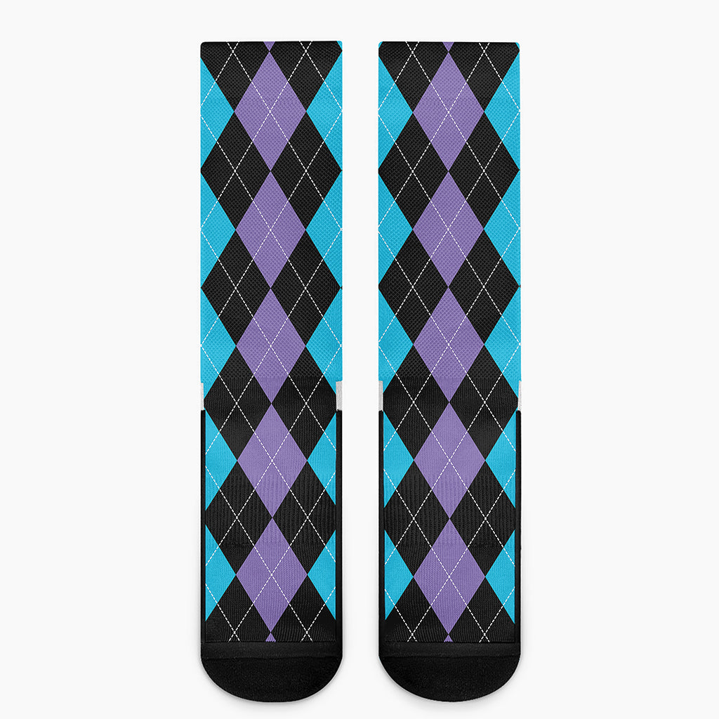 Purple Black And Blue Argyle Print Crew Socks
