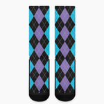 Purple Black And Blue Argyle Print Crew Socks