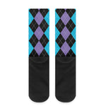 Purple Black And Blue Argyle Print Crew Socks