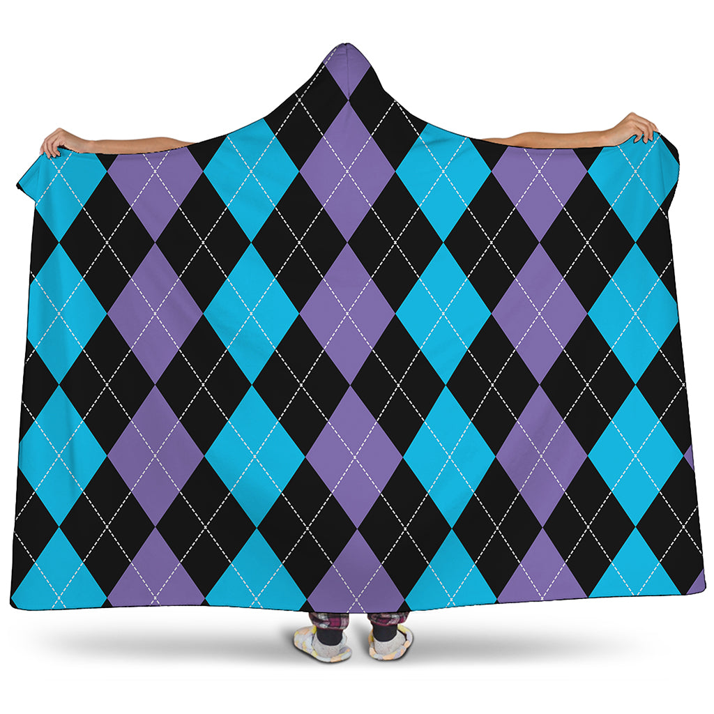 Purple Black And Blue Argyle Print Hooded Blanket